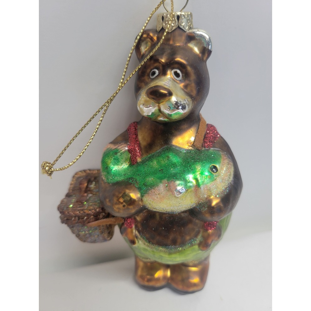 Glass Bear Fisherman Ornament with Fish and Basket Holiday Decor